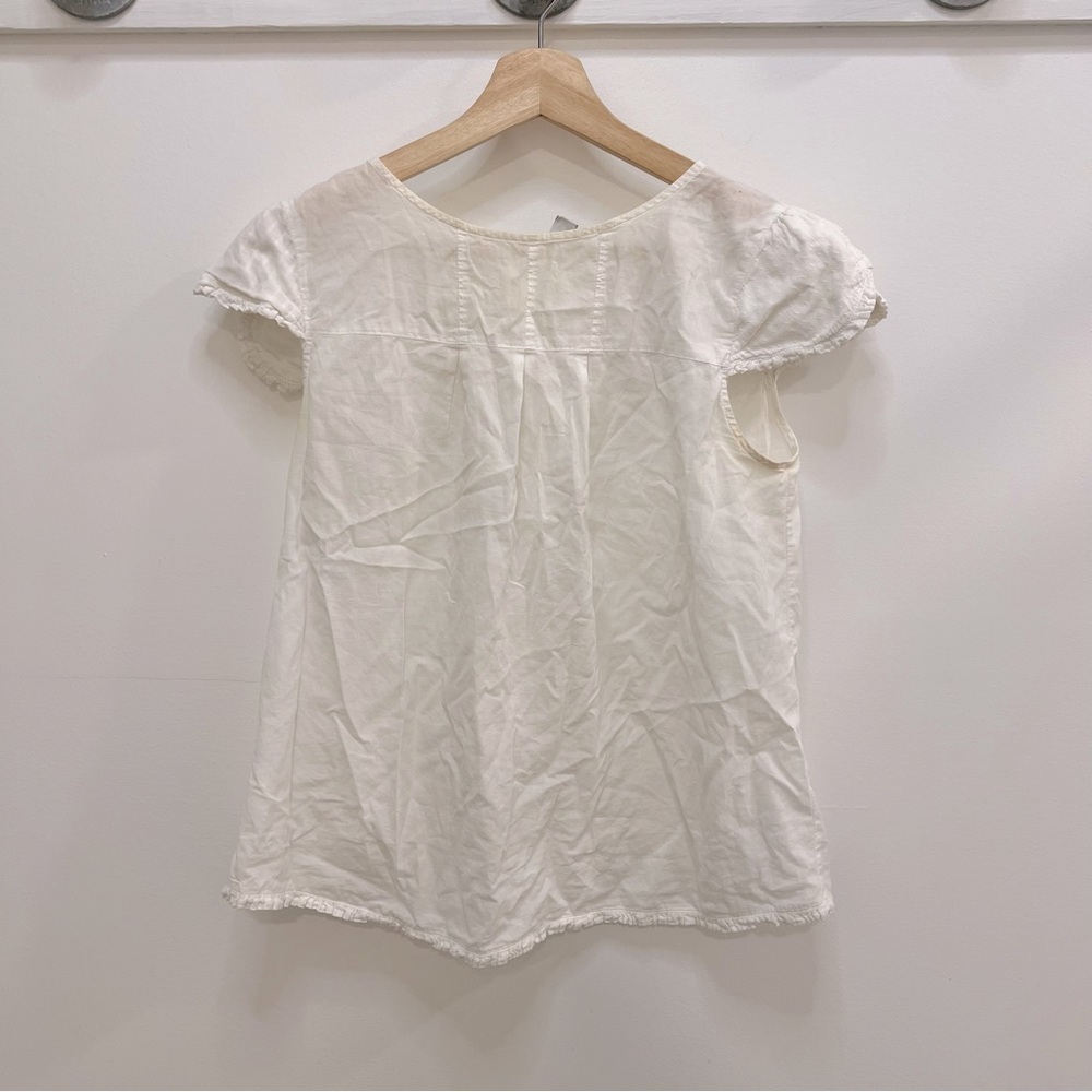 Cutest most flattering top ever! White ruffled edged blouse with back details